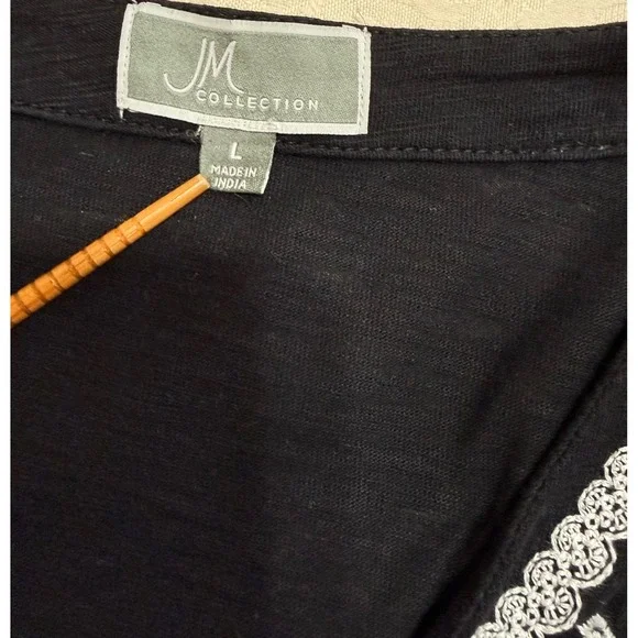 JM Collection Embroidered Top Women L Black White Floral V-Neck 3/4 Sleeve Boho - Picture 3 of 11